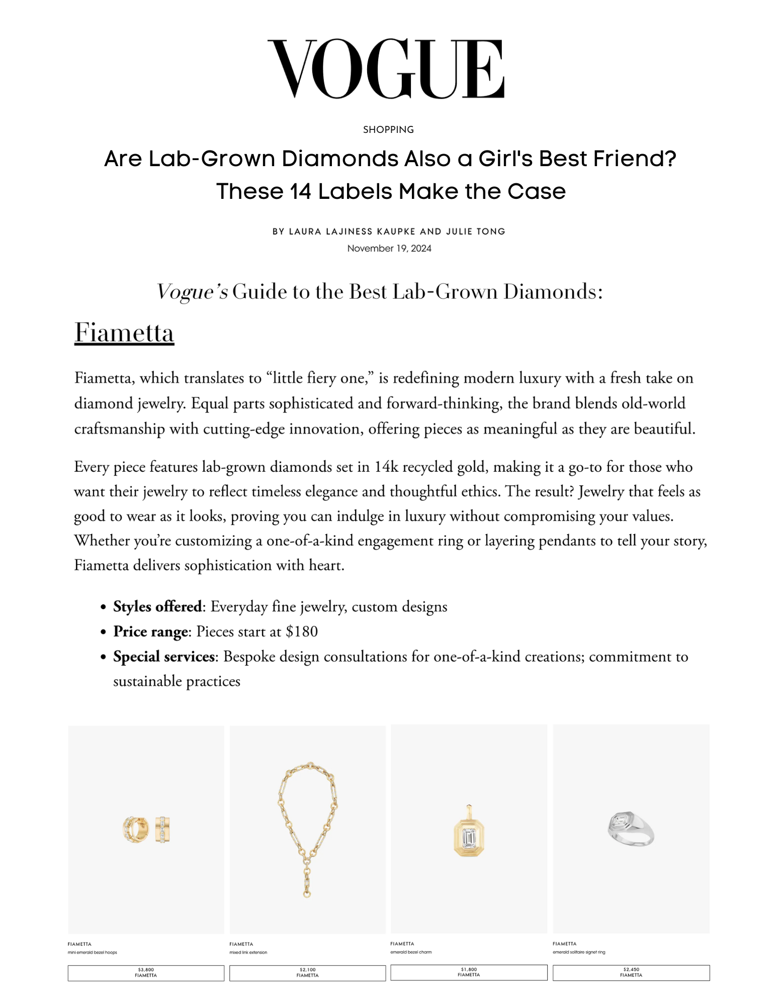 Vogue Magazine "Are Lab-Grown Diamonds Also a Girl's Best Friend? These 14 Labels Make the Case"