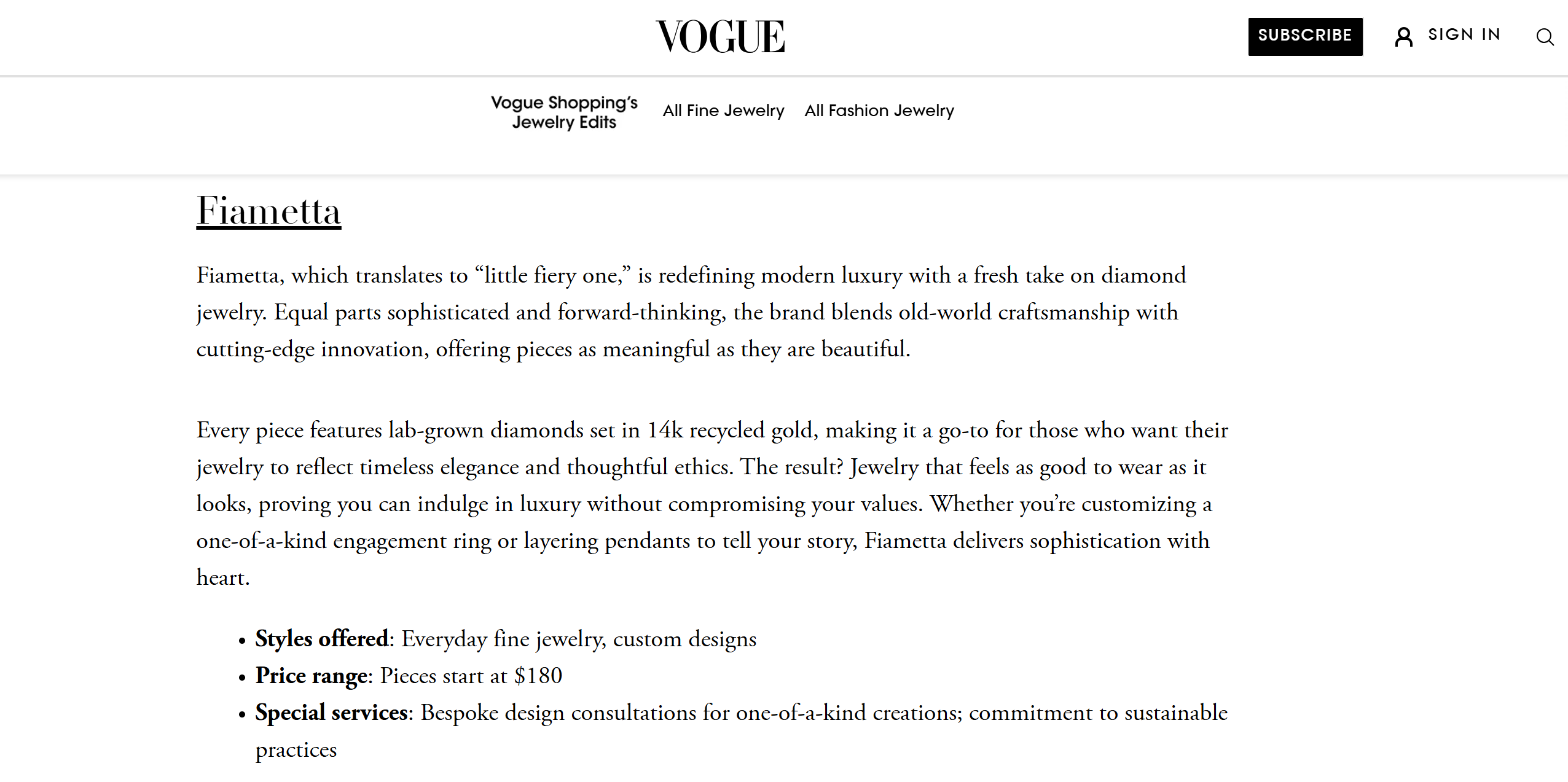 Vogue Magazine "Are Lab-Grown Diamonds Also a Girl's Best Friend? These 14 Labels Make the Case"